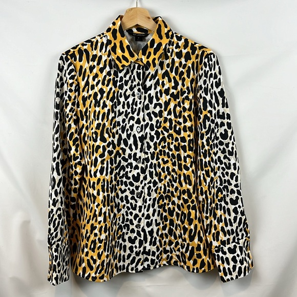 St John Collection Satin Back Leopard Print Black Gold Shirt Blouse Top Size M - Picture 4 of 12